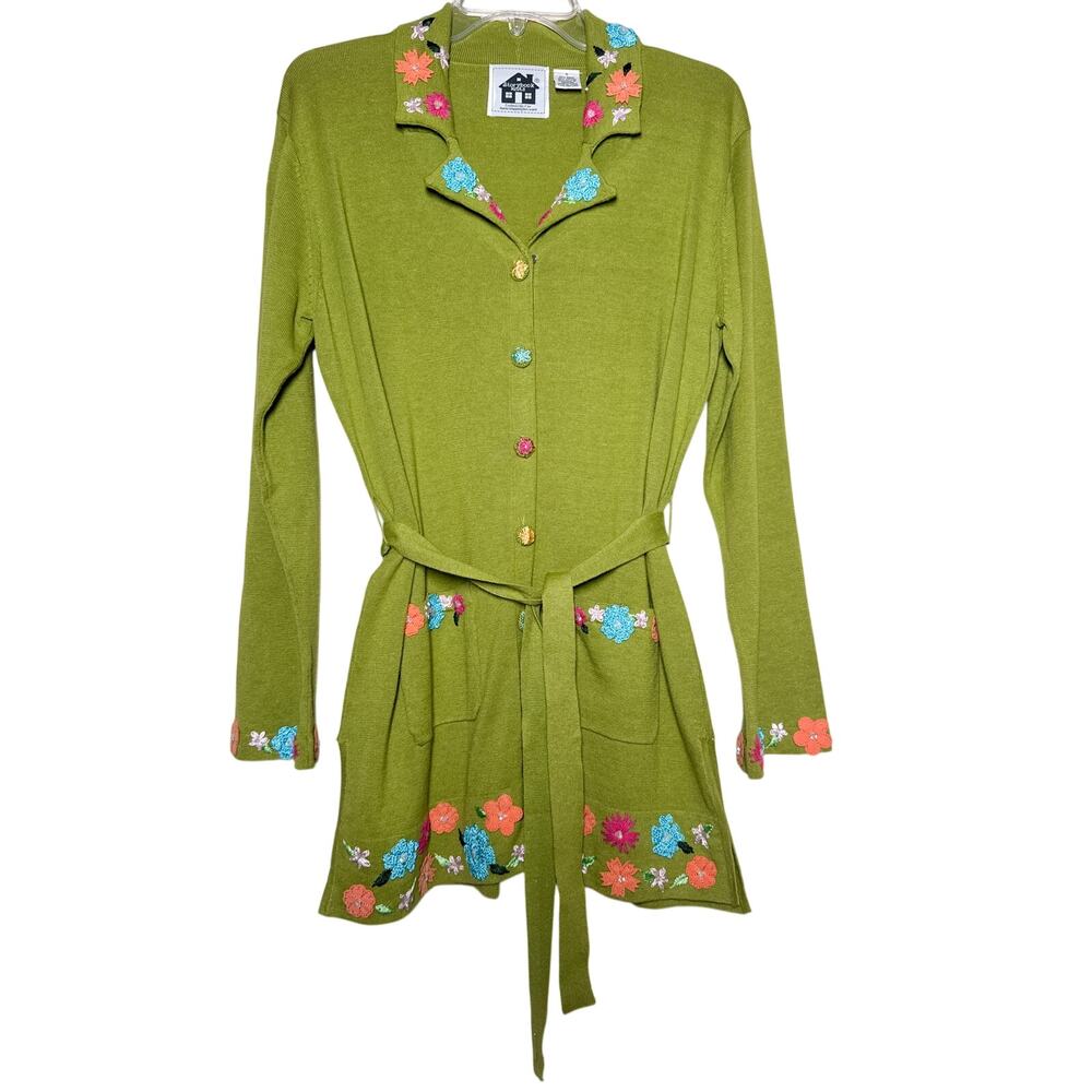 Storybook Knits Green Floral Embroidered Belted Long Cardigan Small Cottagecore